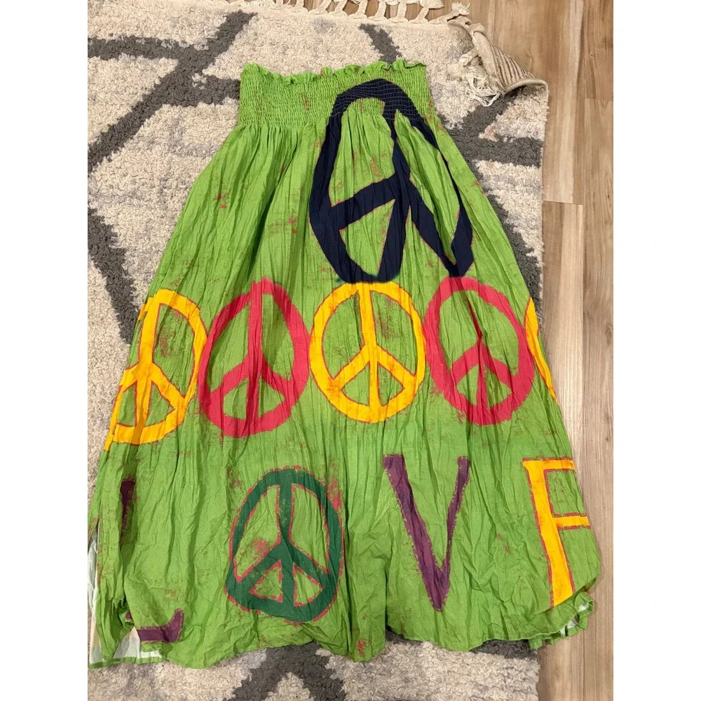 A Rare Bird Green Peace Love Cotton Smocked Maxi Skirt Boho Festival O/S xx